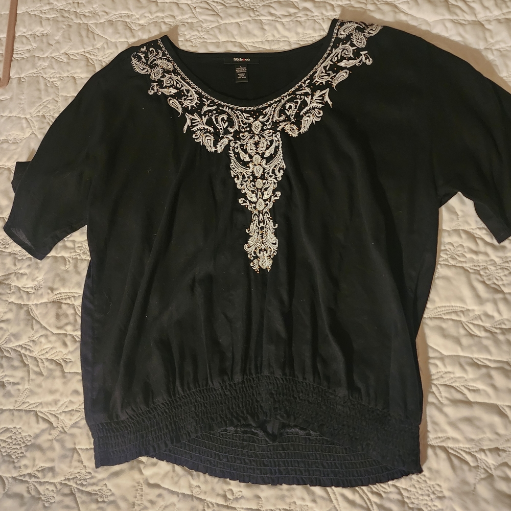Style & Co. Black Top with White Embroidery